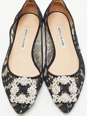 Manolo Blahnik - Hangisi Ballet Flats in Black Lace and Satin - Size 39